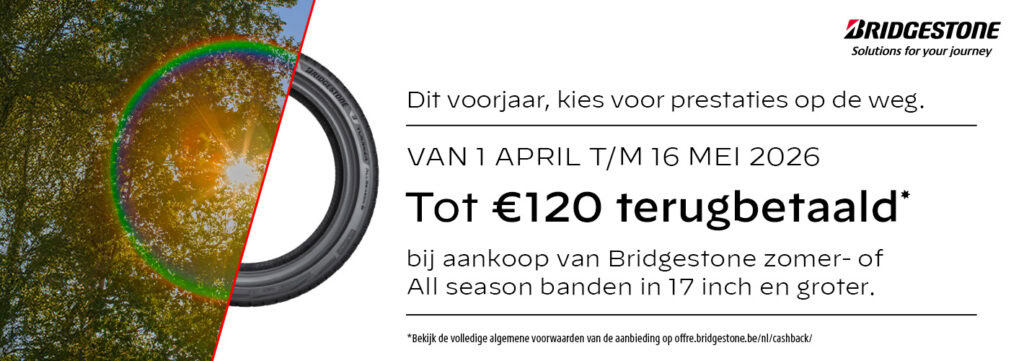 Krijg tot wel €120 cashback op je nieuwe Bridgestone banden bij Bandencentrale De Clerck